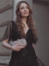 Load image into Gallery viewer, Color=Black | Sequin Deep V-Neck A-Line Evening Dress-Black 10