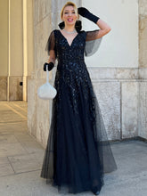 Load image into Gallery viewer, Color=Black | Sequin Deep V-Neck A-Line Evening Dress-Black 11