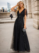 Load image into Gallery viewer, Color=Black | Sequin Deep V-Neck A-Line Evening Dress-Black 25