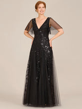 Load image into Gallery viewer, Color=Black | Sequin Deep V-Neck A-Line Evening Dress-Black 14