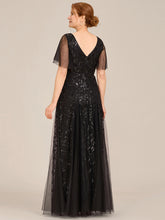 Load image into Gallery viewer, Color=Black | Sequin Deep V-Neck A-Line Evening Dress-Black 16