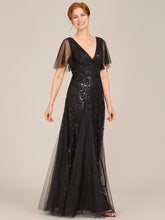 Load image into Gallery viewer, Color=Black | Sequin Deep V-Neck A-Line Evening Dress-Black 17