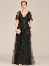 Load image into Gallery viewer, Color=Black | Sequin Deep V-Neck A-Line Evening Dress-Black 18