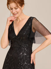 Load image into Gallery viewer, Color=Black | Sequin Deep V-Neck A-Line Evening Dress-Black 19