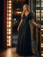 Load image into Gallery viewer, Color=Black | Sequin Deep V-Neck A-Line Evening Dress-Black 20
