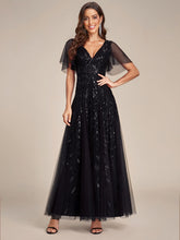 Load image into Gallery viewer, Color=Black | Sequin Deep V-Neck A-Line Evening Dress-Black 21