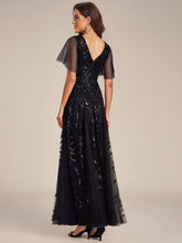 Load image into Gallery viewer, Color=Black | Sequin Deep V-Neck A-Line Evening Dress-Black 22