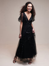 Load image into Gallery viewer, Color=Black | Sequin Deep V-Neck A-Line Evening Dress-Black 26