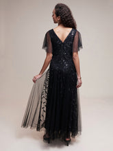 Load image into Gallery viewer, Color=Black | Sequin Deep V-Neck A-Line Evening Dress-Black 27