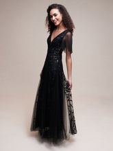 Load image into Gallery viewer, Color=Black | Sequin Deep V-Neck A-Line Evening Dress-Black 28