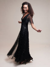 Load image into Gallery viewer, Color=Black | Sequin Deep V-Neck A-Line Evening Dress-Black 29