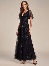 Load image into Gallery viewer, Color=Black | Sequin Deep V-Neck A-Line Evening Dress-Black 23
