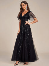 Load image into Gallery viewer, Color=Black | Sequin Deep V-Neck A-Line Evening Dress-Black 24