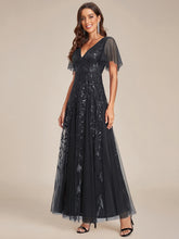 Load image into Gallery viewer, Color=Black | Sequin Deep V-Neck A-Line Evening Dress-Black 3