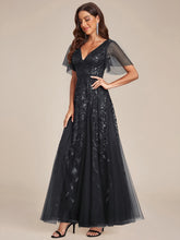 Load image into Gallery viewer, Color=Black | Sequin Deep V-Neck A-Line Evening Dress-Black 4