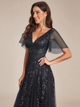 Load image into Gallery viewer, Color=Black | Sequin Deep V-Neck A-Line Evening Dress-Black 5