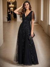 Load image into Gallery viewer, Color=Black | Sequin Deep V-Neck A-Line Evening Dress-Black 6