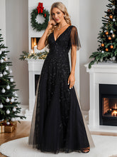 Load image into Gallery viewer, Color=Black | Sequin Deep V-Neck A-Line Evening Dress-Black 7