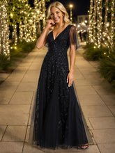 Load image into Gallery viewer, Color=Black | Sequin Deep V-Neck A-Line Evening Dress-Black 8