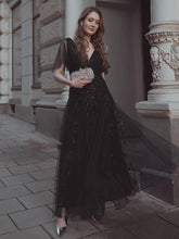 Load image into Gallery viewer, Color=Black | Sequin Deep V-Neck A-Line Evening Dress-Black 9