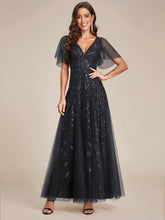 Load image into Gallery viewer, Color=Black | Sequin Deep V-Neck A-Line Evening Dress-Black 1