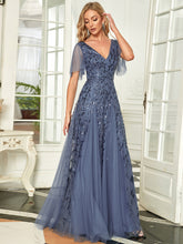 Load image into Gallery viewer, Color=Dusty blue | Sequin Deep V-Neck A-Line Evening Dress-Dusty blue 38