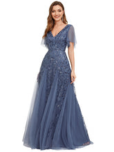 Load image into Gallery viewer, Color=Dusty blue | Sequin Deep V-Neck A-Line Evening Dress-Dusty blue 33