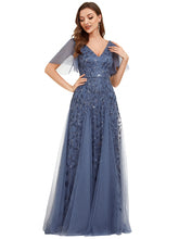 Load image into Gallery viewer, Color=Dusty blue | Sequin Deep V-Neck A-Line Evening Dress-Dusty blue 34