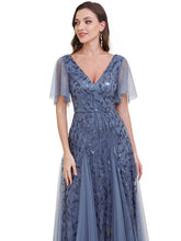 Load image into Gallery viewer, Color=Dusty blue | Sequin Deep V-Neck A-Line Evening Dress-Dusty blue 35