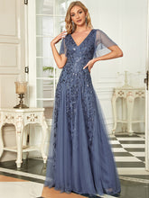 Load image into Gallery viewer, Color=Dusty blue | Sequin Deep V-Neck A-Line Evening Dress-Dusty blue 36