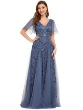 Load image into Gallery viewer, Color=Dusty blue | Sequin Deep V-Neck A-Line Evening Dress-Dusty blue 31