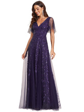 Load image into Gallery viewer, Color=Dark Purple | Sequin Deep V-Neck A-Line Evening Dress 2