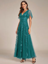 Load image into Gallery viewer, Color=Teal | Sequin Deep V-Neck A-Line Evening Dress 9