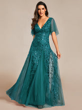 Load image into Gallery viewer, Color=Teal | Sequin Deep V-Neck A-Line Evening Dress 4