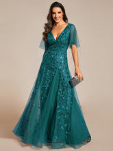 Load image into Gallery viewer, Color=Teal | Sequin Deep V-Neck A-Line Evening Dress 5