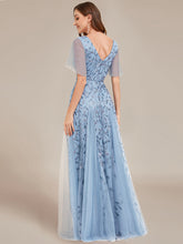 Load image into Gallery viewer, Color=Sky Blue | Deep V Neck Wholesale Sequin Evening Gown With Short Sleeves-Sky Blue