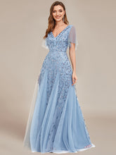 Load image into Gallery viewer, Color=Sky Blue | Deep V Neck Wholesale Sequin Evening Gown With Short Sleeves-Sky Blue