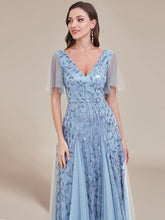 Load image into Gallery viewer, Color=Sky Blue | Deep V Neck Wholesale Sequin Evening Gown With Short Sleeves-Sky Blue