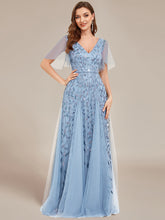 Load image into Gallery viewer, Color=Sky Blue | Deep V Neck Wholesale Sequin Evening Gown With Short Sleeves-Sky Blue