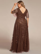 Load image into Gallery viewer, Color=Brown | Wholesale Pricing Short Sleeve Ruffle Sequin Deep V-Neck A-Line Floor Length Evening Dresses-Brown 7