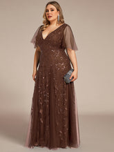 Load image into Gallery viewer, Color=Brown | Wholesale Pricing Short Sleeve Ruffle Sequin Deep V-Neck A-Line Floor Length Evening Dresses-Brown 9