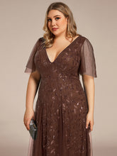 Load image into Gallery viewer, Color=Brown | Wholesale Pricing Short Sleeve Ruffle Sequin Deep V-Neck A-Line Floor Length Evening Dresses-Brown 8