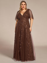 Load image into Gallery viewer, Color=Brown | Wholesale Pricing Short Sleeve Ruffle Sequin Deep V-Neck A-Line Floor Length Evening Dresses-Brown 6