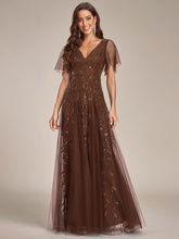 Load image into Gallery viewer, Color=Brown | Wholesale Pricing Short Sleeve Ruffle Sequin Deep V-Neck A-Line Floor Length Evening Dresses-Brown 4