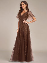 Load image into Gallery viewer, Color=Brown | Wholesale Pricing Short Sleeve Ruffle Sequin Deep V-Neck A-Line Floor Length Evening Dresses-Brown 5