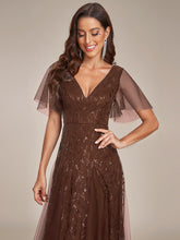 Load image into Gallery viewer, Color=Brown | Wholesale Pricing Short Sleeve Ruffle Sequin Deep V-Neck A-Line Floor Length Evening Dresses-Brown 3