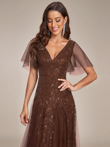 Color=Brown | Wholesale Pricing Short Sleeve Ruffle Sequin Deep V-Neck A-Line Floor Length Evening Dresses-Brown 3