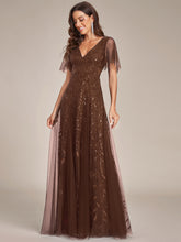 Load image into Gallery viewer, Color=Brown | Wholesale Pricing Short Sleeve Ruffle Sequin Deep V-Neck A-Line Floor Length Evening Dresses-Brown 1