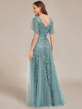 Load image into Gallery viewer, Color=Dusty Blue | Deep V Neck Wholesale Sequin Evening Gown With Short Sleeves-Dusty Blue
