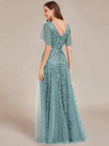 Color=Dusty Blue | Deep V Neck Wholesale Sequin Evening Gown With Short Sleeves-Dusty Blue